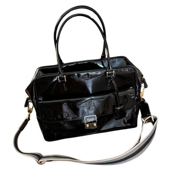 ANYA HINDMARCH BLACK PATENT LEATHER CARKER SATCHEL WITH DETACHABLE X-BODY STRAP - Picture 5 of 9
